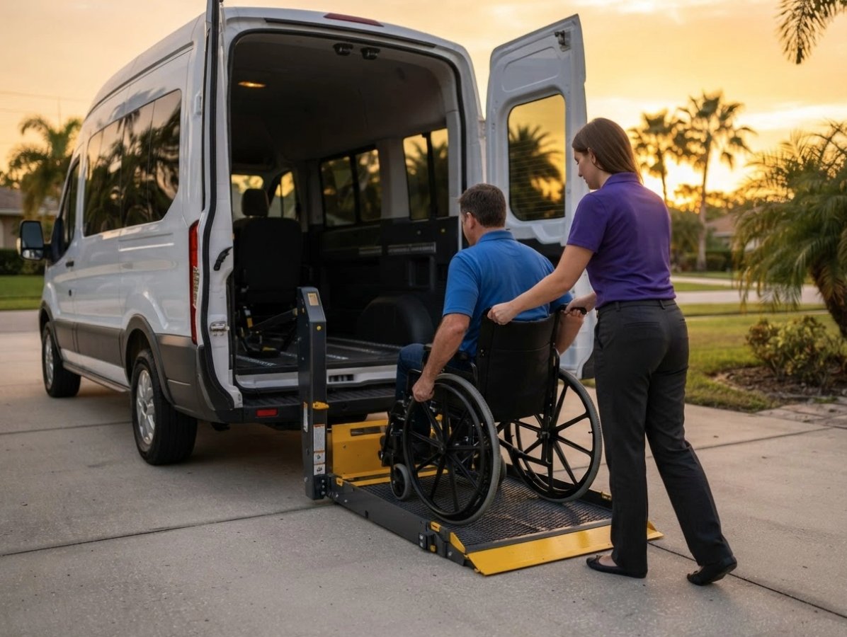A caregiver helping a client board a wheelchair-accessible van via its lift at sunset